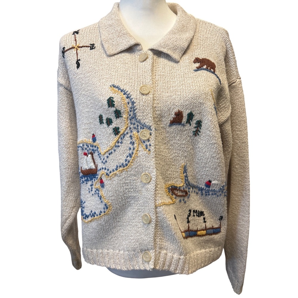 Eddie Bauer 1993 Vintage  Map Embroidered Knit Cardigan Oatmeal scenic Excellent